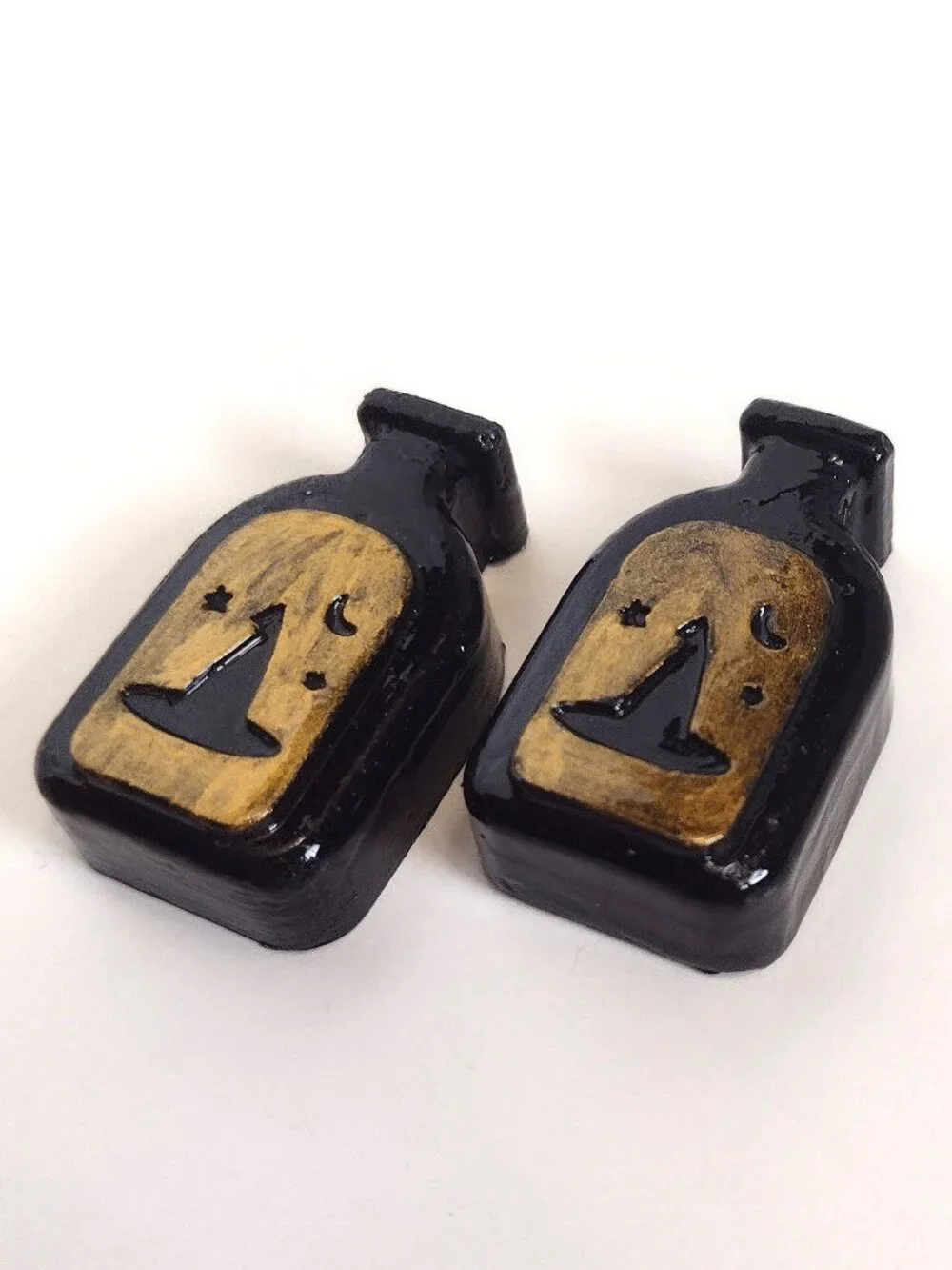2 Black & Gold Gothic Halloween Apothecary Bottles, Witch Hat & Moon, Flat-back